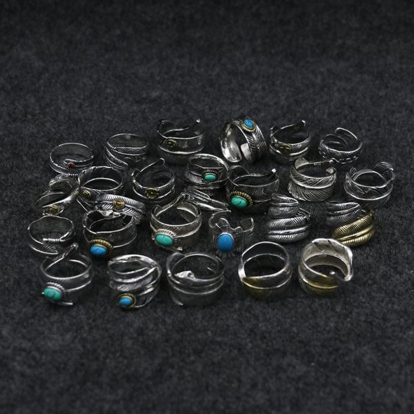 

s925 sterling silver ring personalized fashion feather inlaid turquoise style couple letter shape jewelry lover gift