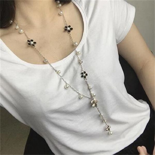 

tennis fivepetal sweater chain long pearl tassel five-leaf flower necklace fashion accessories women's gc2032, Black
