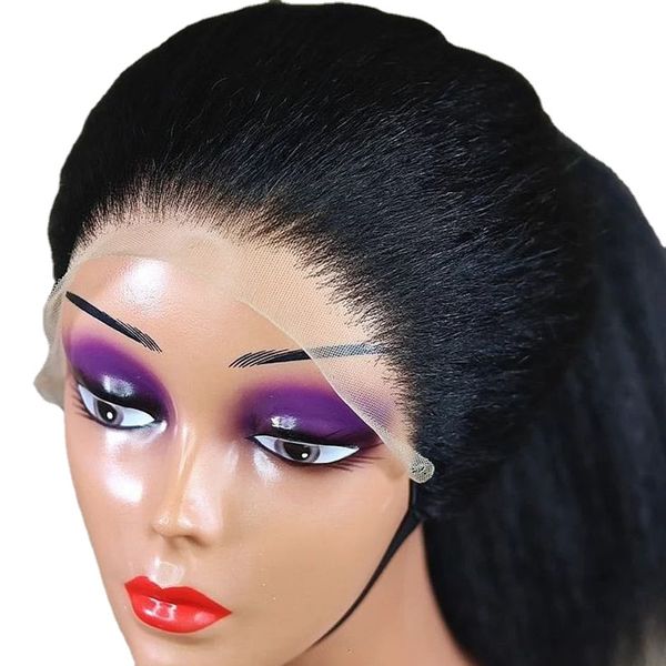 

natural black soft preplucked short bob kinky straight yaki lace front wig 180% density for women with baby hair glueless daily, Black;brown