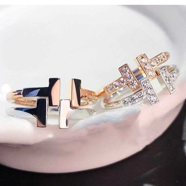 

tiffay double t ring 925 sterling silver plated 18k gold ti house set diamond t-shaped no smooth open 2i7w
