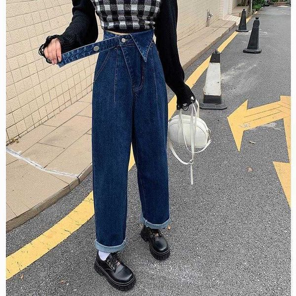 

korean style irregular design jean high waist loose and slimming all matching, Blue
