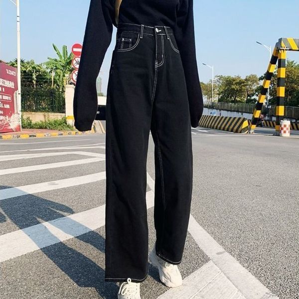 

women's jeans jeans women all-match korean style mopping trousers denim vintage black solid high waist autumn baggy chic ulzzang street, Blue