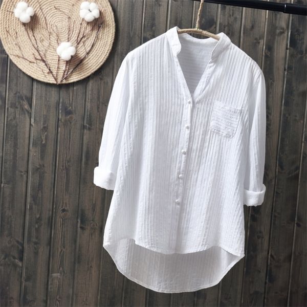 

women's blouses shirts 100% cotton white blouse shirt spring autumn simple blouses shirts women long sleeve v-neck casual solid pocket