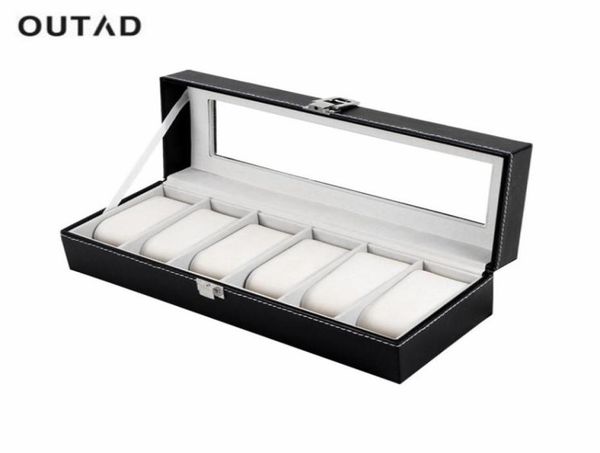 

outad 6 grid black pu leather watch box refinement slots wrist watches gift case jewelry display boxes storage holder7747920, Black;blue