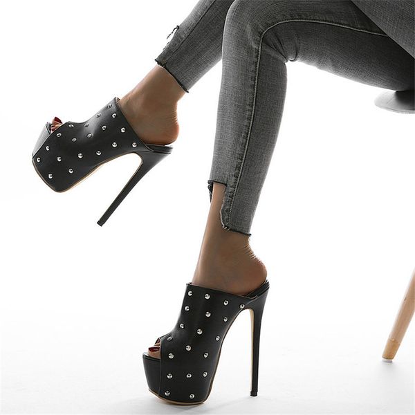 

slippers comemore block high heels ladies retro rivets shoes mules leather party sandals black women flip flops platform pumps 230414