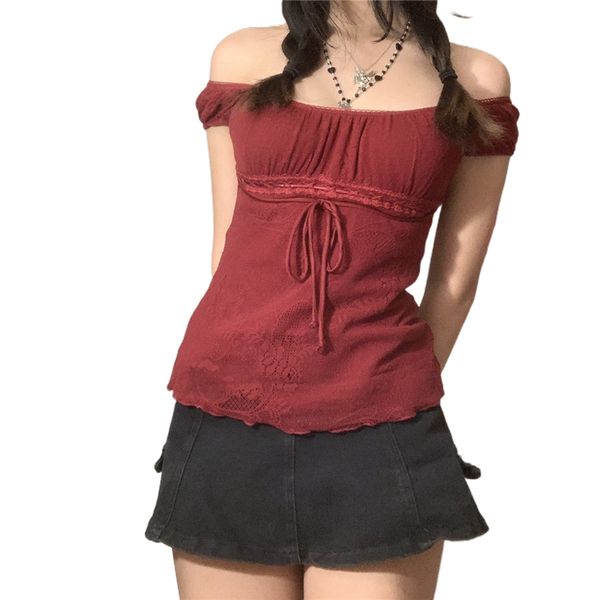 

camisoles tanks xingqing 2s aesthetic sweet lace off shoulder drawstring tshirt korean fashion female tee fairy grunge streetwear 23414, Black;white