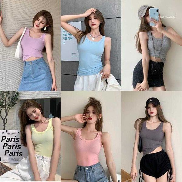 

spring and summer hong kong womens tanks style u collar slim fit elastic thread, White