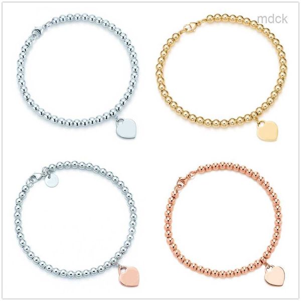

bangle fashion 925 sterling silver tag love heart bracelets original classic t beaded bracelet 4mm rose gold bead man women jewelry lovers g, Black