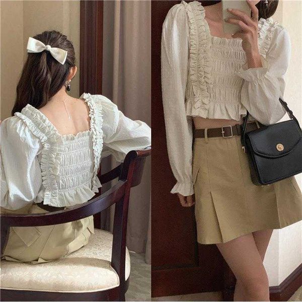 

fall french shirt pure desire style square collar pleated wooden ear waist, White