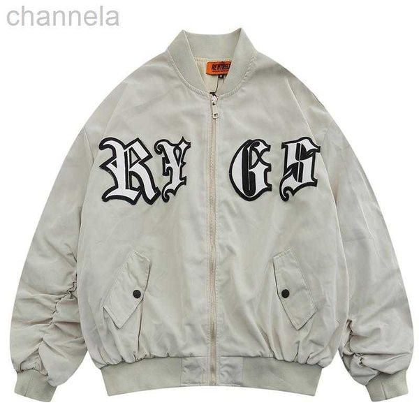 

men's jackets oversized zipper pilot jacket letter embroidery retro college style hip hop jacket streetwear harajuku loose couple coat, Black;brown