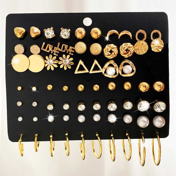 

stud ifmia vintage gold color earrings set geometry pearl love flowers heart ear studs for women girl simple jewelry 2022 new trend p230411, Golden;silver