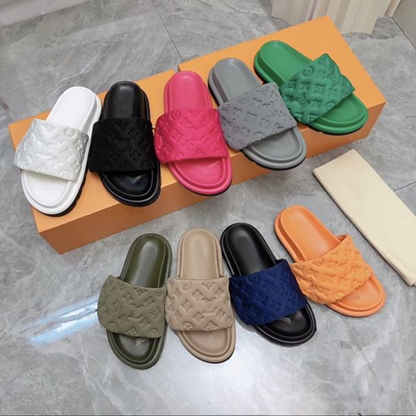 

2023 pool pillow mules women designers sandals sunset flat comfort mules men womens shoes padded front strap slippers fashionable easy-to-we, Black