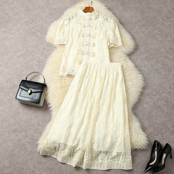 

two piece dress european and american women's clothes 2023 spring new short-sleeved button-up lace shirt pleated skirt fashion suit, White