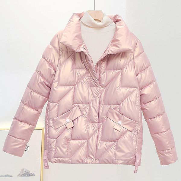 

leather women jacket 2022 new winter parkas female glossy down cotton jackets stand collar casual warm parka short coat female outwear, Black