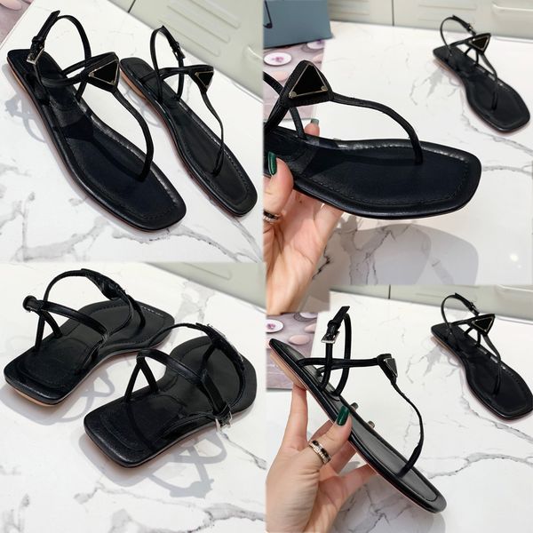 

popular womens luxury designer thong sandals black flats leather sandals upper with enameled metal triangle logo classic elegant beach sanda