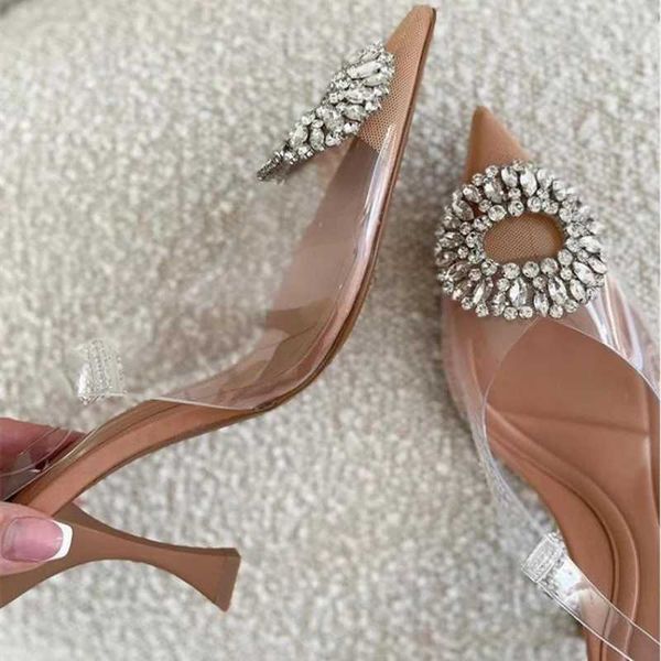 

nxy sandals womens clear high heels rhinestones pump shoes woman pointed toe heeled ladies elegant slingback pumps 230406, Black