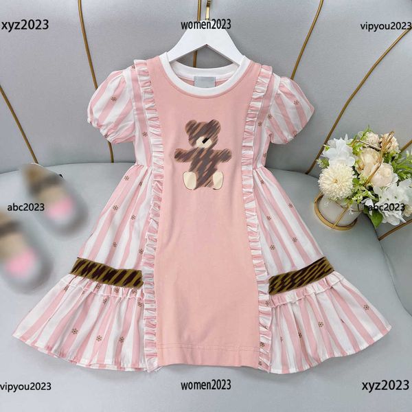 

2023 girls dress folded stripe decoration baby skirt designer letter printed bear dress size 90-150 cm short sleeve skirt new product, Red;yellow