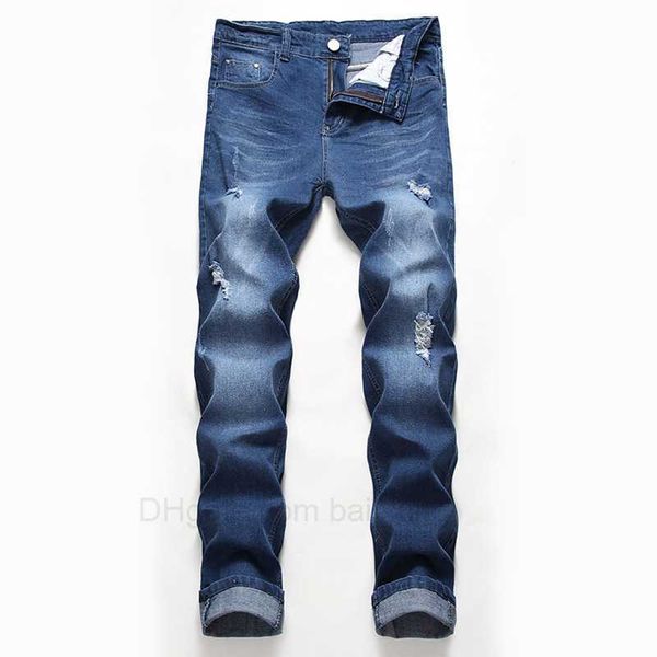 

ripped denim mens jeans stretch regular fit cowboy pants casual male streetwear holes trousers hommes jeans, Blue