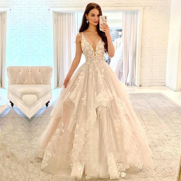 

ruffled deep v-neck pong dress wedding strap layered lace applique bridal dress, White