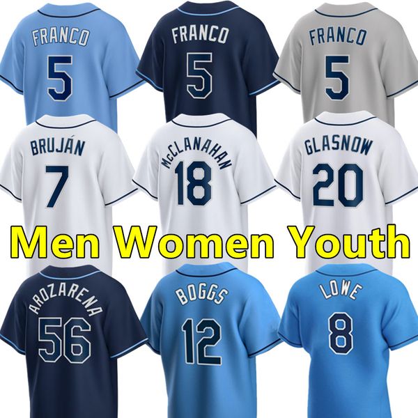 

men women youth baseball jerseys 5 wander franco 18 shane mcclanahan 56 randy arozarena 2 yandy diaz 6 taylor walls 47 jason adam 45 taj bra, Blue;black