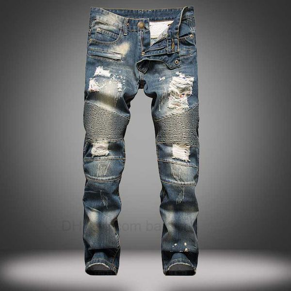 

jeans mens men's retro skinny biker straight slim ripped tide trousers hip hop elasticity denim pants, Blue