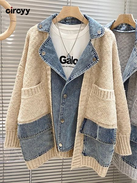 

sweaters circyy women cardigan winter jacket fake two coat knitted clothing korean denim patchwork pockets turndown collar outerwear new, White;black