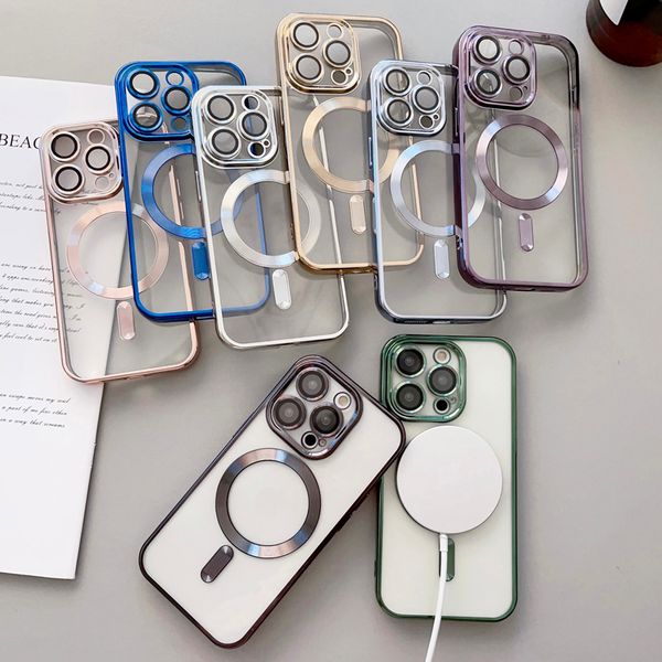 

plating magsafe magnetic cases with camera lens film protector transparent soft tpu shockproof wireless charging cover for iphone 14 13 12 1