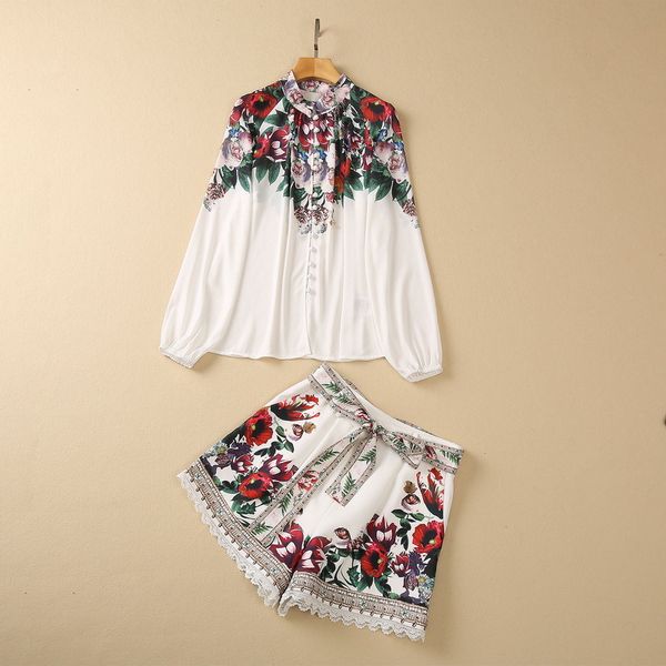 

two piece dress european and american women's clothes 2023 spring new long-sleeved floral print shirt lace rimmed shorts fashion suit, White