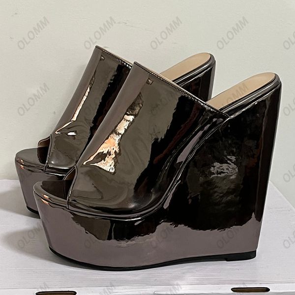 

olomm handmade women platform mules sandals slippers wedges heels peep toe gorgeous gun color night club shoes size 5-15, Black