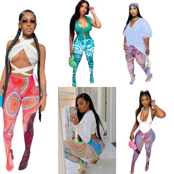 

women's summer pants mesh elastic socks and pants popular elements printed trousers for women, Black;white