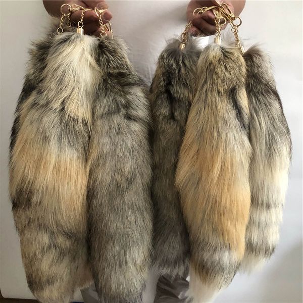 

10pcs/lot -40cm/16" long real genuine golden island fox fur tail keychians cosplay toy keyring bag charm tassels pendant, Silver