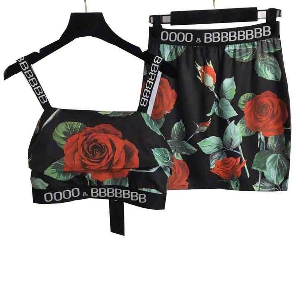 

rose print sling vest dress sets for women designer letter ribbed high waist short skirts fashion tanks two piece suits, Black;gray