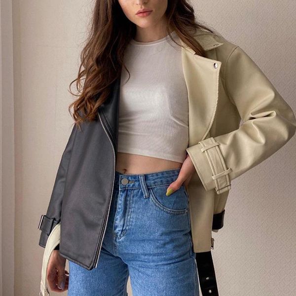 

jackets ailegogo new autumn women lapel black beige splicing pu leather jacket with belt moto bike soft faux leather coat loose outwear, Black;brown