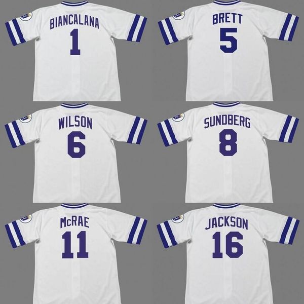 

baseball kansas city 16 bo jackson 5 george brett 8 jim sundberg 6 willie wilson 11 hal mcrae 1 buddy biancalana baseball jersey 1985, Blue;black