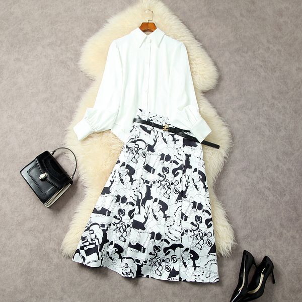 

two piece dress european and american women's clothes 2023 spring new long-sleeved white shirt printed belt skirt fashion suit