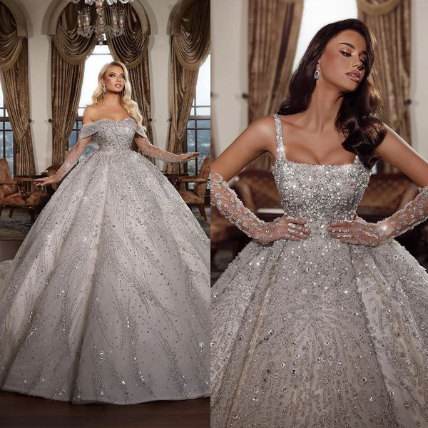 

luxury ball gown wedding dresses square collar sequined applique lace bridal gowns custom made sweep train vestido de novia, White