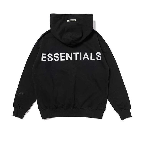 

ess hoodies essen double fog trendy 3m reflective high street hooded sweater mens womens couples loose high street coat hoody, Black