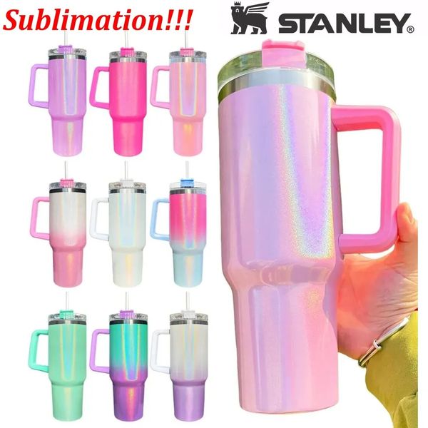 

1 pcs stanley 40oz glitter tumblers cups with logo handle and straws reusable insulated car mugs stainless steel sublimation tumbler big cap