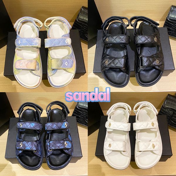 

with box cnel sandals 22ss interlocking straps quilted flat sandals multi-color fabric white black leather chain inter locking beach slipper