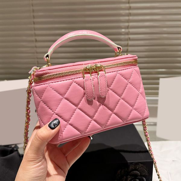 

womens designer lambskin vanity box bags with mirror two-tone handle tote card holder cosmetic case gold metal hardware matelasse chain cros