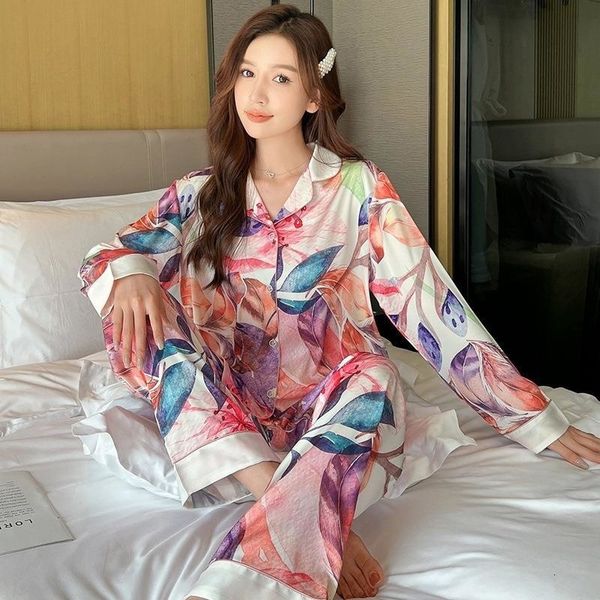 

womens sleepwear lisacmvpnel women spring and autumn ice silk long sleeve suit pajamas print fashion pyjamas 230414, Black;red