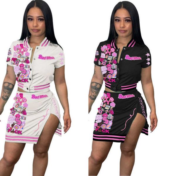 

2023 designer tracksuits womens button threaded printing personalized wo piece dress set skirts suit, Gray