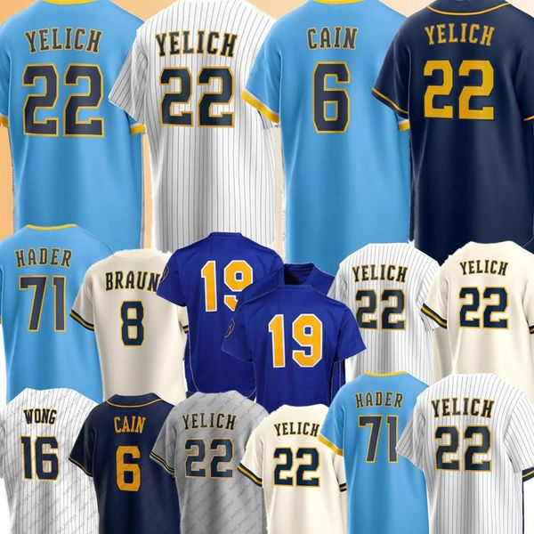 

6 lorenzo cain 22 christian yelich baseball jersey 71 josh hader 19 robin yount 8 ryan braun jerseys paul molitor brandon woodruff kolten wo, Blue;black