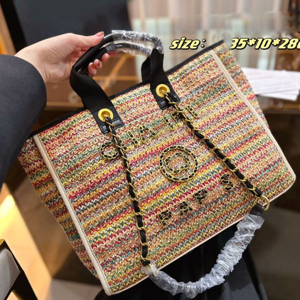 

designer straw multicolor beach shopping bag tote with leather handle letter matelasse chain women shoulder handbags leisure large capacity