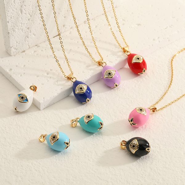 

s3576 copper inlaid zircon enamel turkish blue eye water drop pendant necklace for women evil eyes choker necklaces, Silver