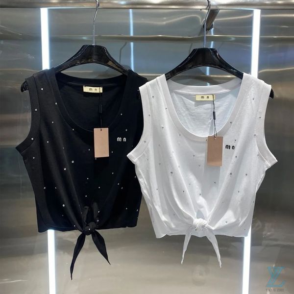 

2023 spring rhinestone decorative bottom bow tie waist lettering printed sleeveless tank t-shirt female, Black