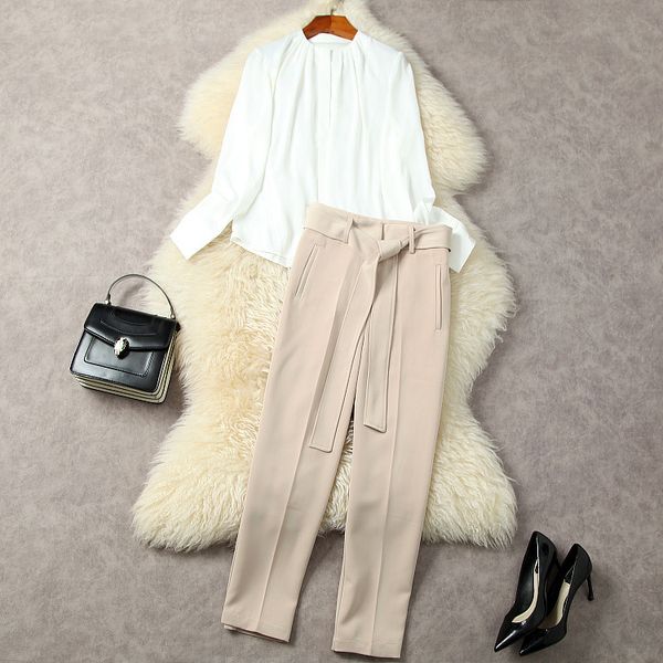 

european and american women's clothing 2023 spring new style long sleeve white shirt ninth pants fashion suit