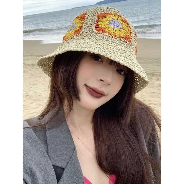 

wide brim hats japan korea crochet sun hat women summer flowers pure hand woven straw beach hat sunshade fisherman caps breathable bucket ha, Blue;gray