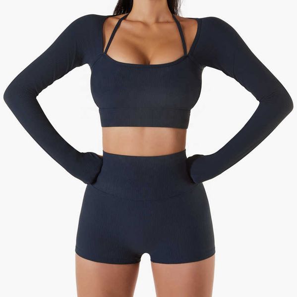 

custom solid color recycled new long sleeve yoga clothes quick drying fitness slim fit tight sports yoga and shorts