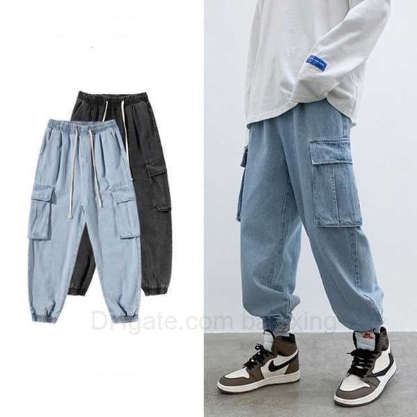

mens men's jeans spring winter tide tooling loose-fitting pants handsome retro korean trend wide-leg male, Blue